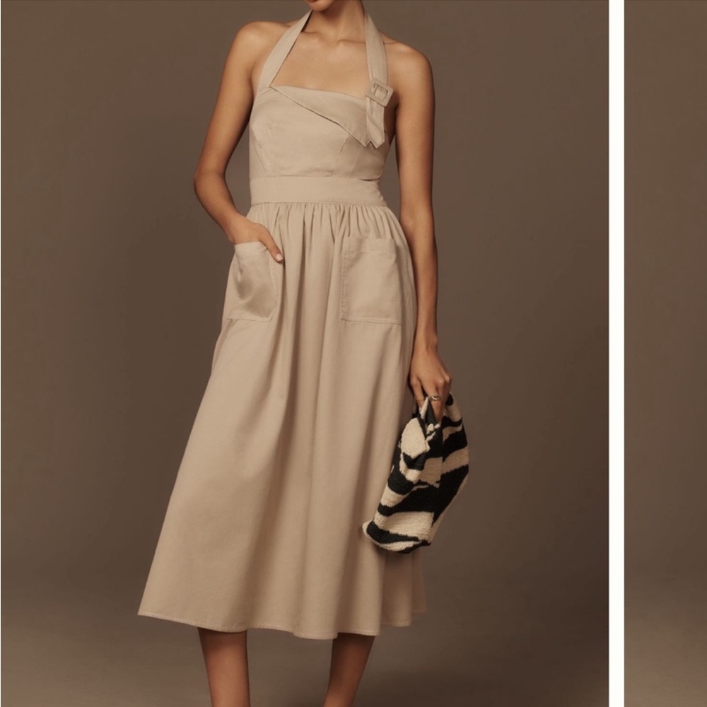 Anthropologie By Anthropologie Halter Utility Midi Dress Cream Tan Size M NEW